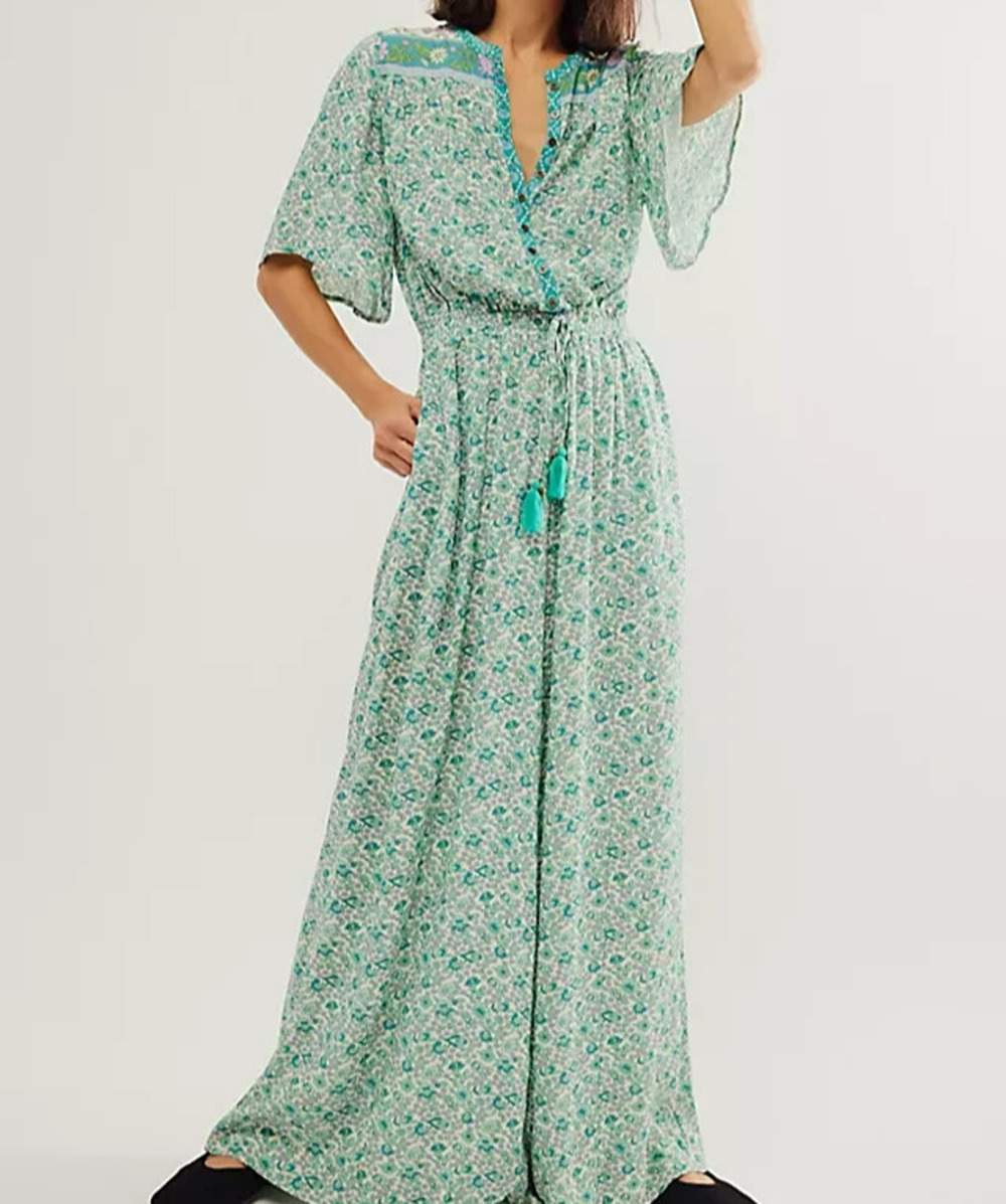 Spell Sienna Jade Floral Jumpsuit Size XS Pockets Tassels Wide Leg Boho Beachy
